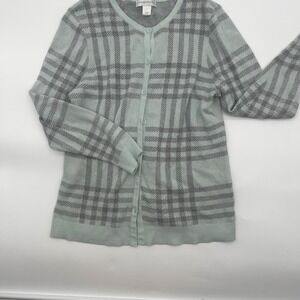 Christopher & Banks Mint Green Grey Plaid‎ Cotton Knit Button Cardigan Sweater L
